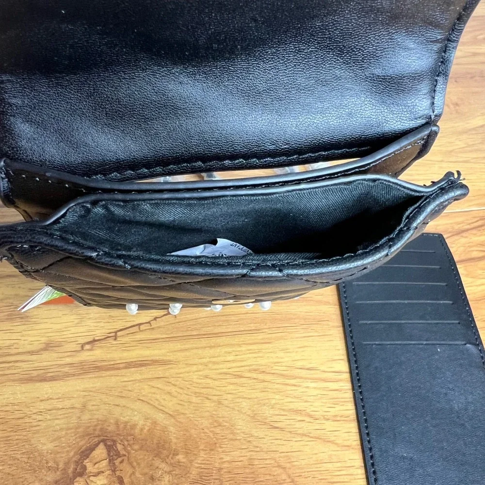 Badgley Mischka Crossbody Phone Case Black Pearl Quilted Vegan Leather NWT